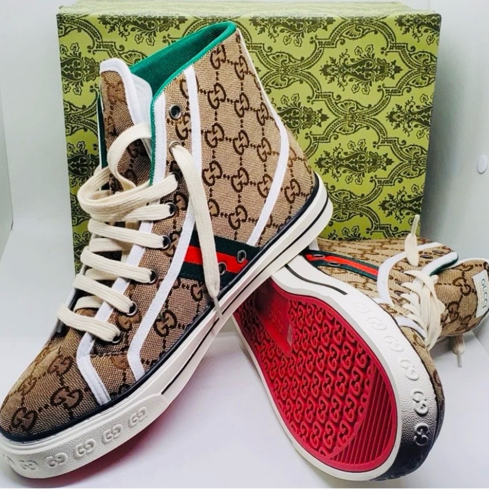 Gucci Beige High-Tops with Green and Red Accents - Picture 2 of 9